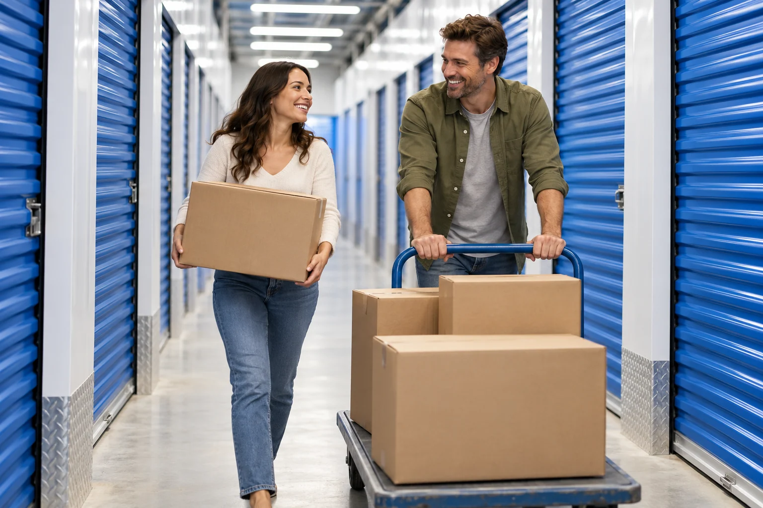 Two people moving boxes on a trolley along a corridor of blue storage unit doors