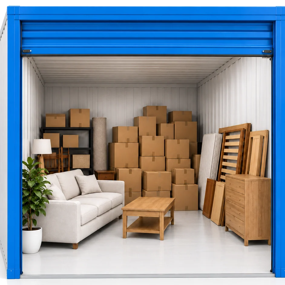 A 100 sq ft storage unit with boxes and furniture inside