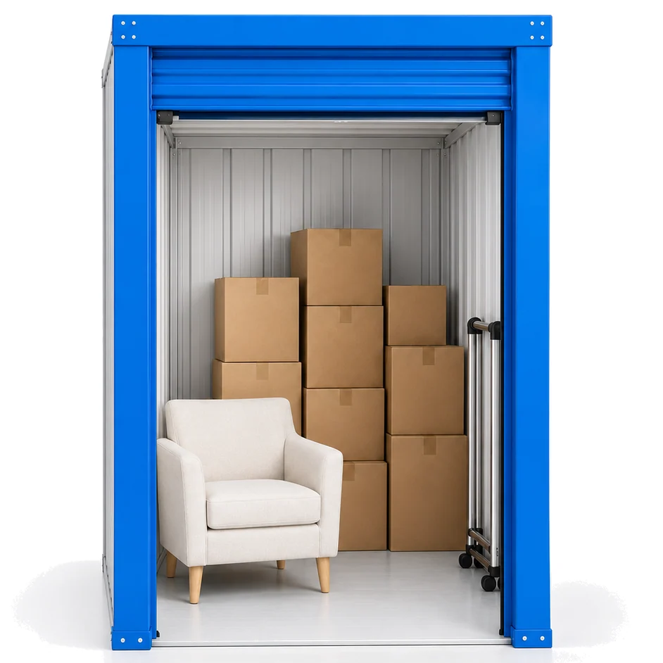 A 25 sq ft storage unit with boxes and furniture inside