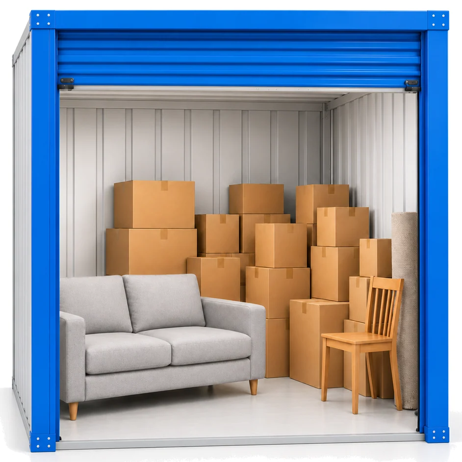A 50 sq ft storage unit with boxes and furniture inside