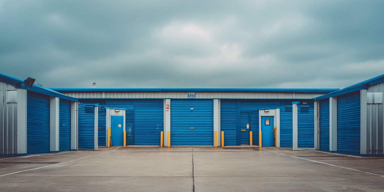 Modern UK self-storage facility with blue roller doors and secure gated access under overcast skies — representing clean, secure, and professionally managed storage solutions from Wigwam Storage Management.
